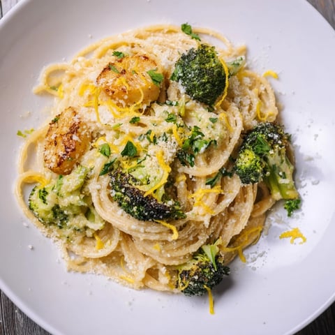 Golden Roasted Garlic Lemon Broccoli Angel Hair Pasta, ready to serve with Parmesan, so fresh.