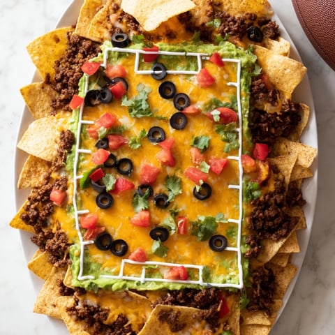 A festive soccer field nacho platter, featuring melted cheese, savory beef, and beautiful toppings.