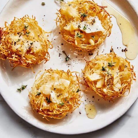 Golden, crispy phyllo nests holding rustic farmhouse cheeses, the beautiful Rustic Barnyard appetizer.