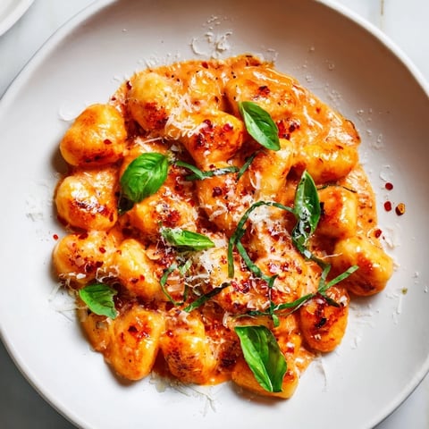Creamy Tomato Gnocchi, a bubbling skillet of tender gnocchi enveloped in a rich tomato cream sauce.