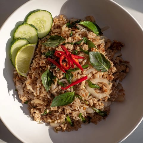 Vibrant plate of Thai Basil Chicken Fried Rice with fragrant basil and savory chicken.