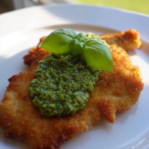 Crispy Pesto Chicken Cutlets display golden, Parmesan-crusted chicken breasts pan-fried until crisp, topped with a generous spoonful of vibrant green basil pesto.  