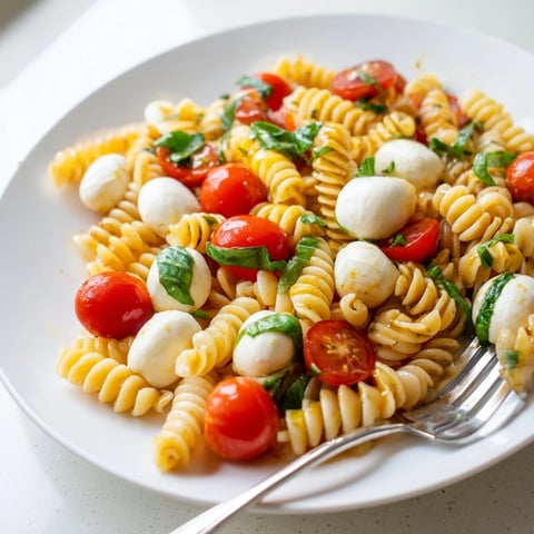 Bright cherry tomatoes and creamy mozzarella pearls are tossed with al dente penne pasta and fresh basil in this Caprese Salad Pasta.