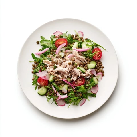 Vibrant Lentil & Chicken Spring Salad with tender lentils, juicy roasted chicken, and peppery arugula tossed in zesty mustard dressing.  