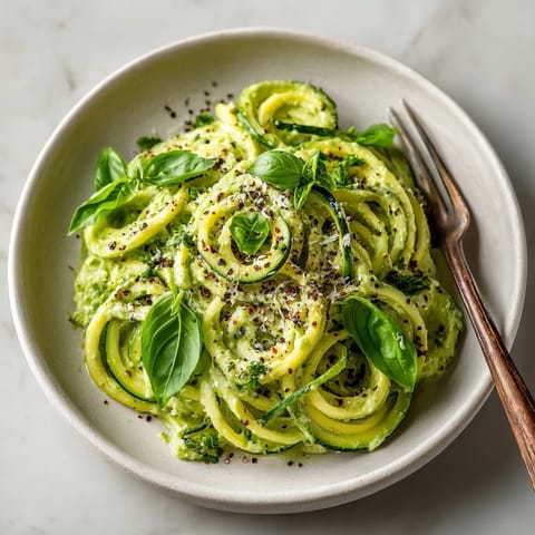 Bright green avocado basil cream sauce over zucchini noodles, a flavorful and healthy dish.