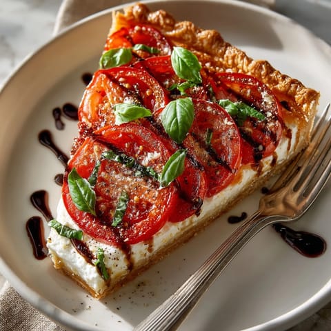 Freshly baked tomato basil tart, featuring juicy tomatoes and fragrant basil leaves, ready to serve.