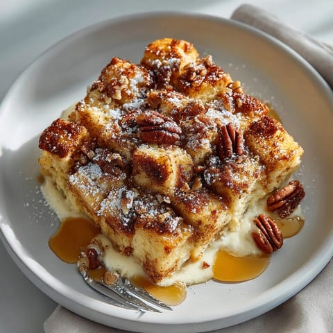 Warm and spiced Eggnog French Toast Casserole, topped with pecans, inviting and delicious, ideal breakfast.