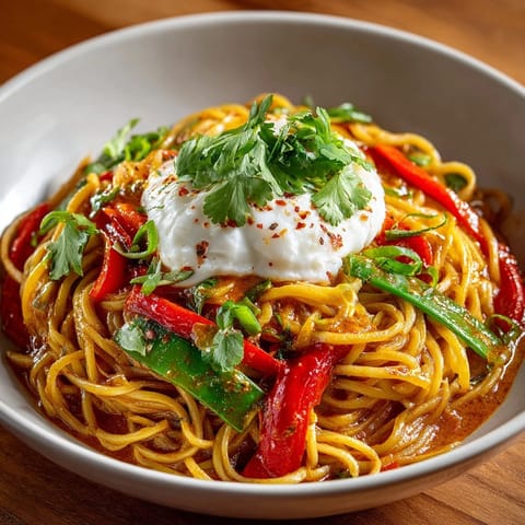 A close-up shot; flavorful Thai Curry Pasta with rich coconut milk foam and colorful vegetables.