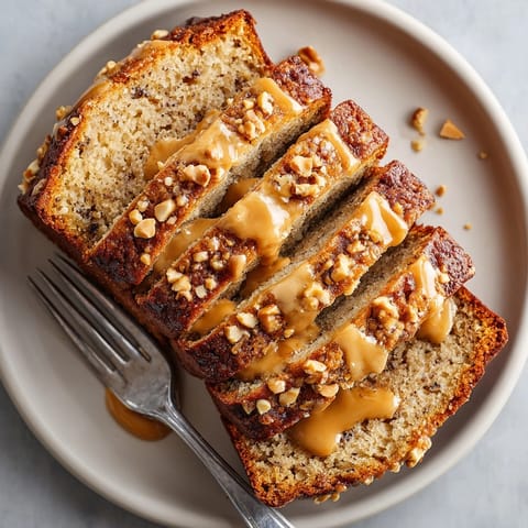 Warm peanut butter banana bread loaf cooling on a wire rack, with tempting nutty aroma and soft interior.