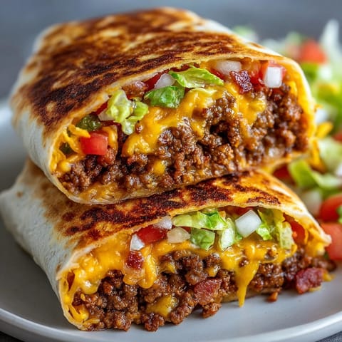 Grilled Huge Bacon Cheeseburger Burrito with golden tortilla filled with cheddar, pickles, and tomatoes.