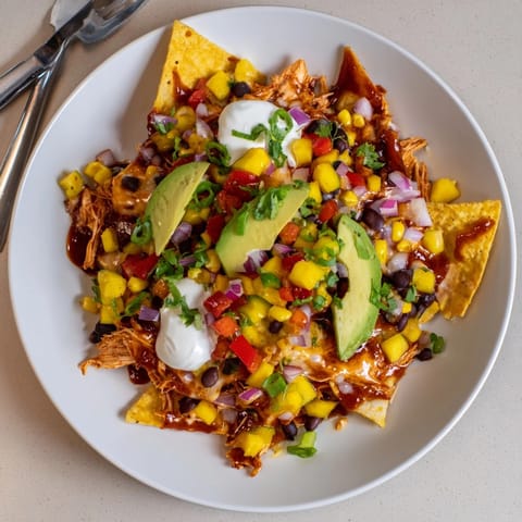 Savory Mango Salsa BBQ Chicken Nachos piled high; a Tex-Mex flavor explosion.