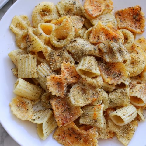 Homemade pasta chips seasoned variety, freshly baked for a crunchy, tasty treat.  