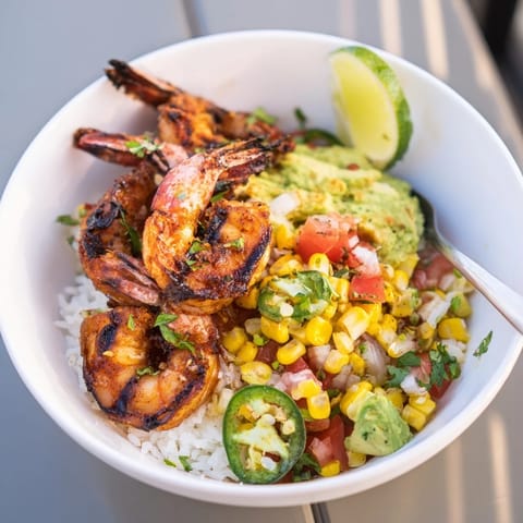 Colorful Easy Grilled Shrimp Bowl with fresh ingredients, perfect for summer meals.  