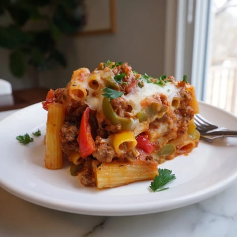 Hearty baked rigatoni with sausage and peppers, topped with melted cheese goodness.  