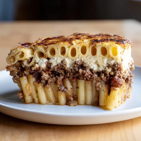 Layers of Greek Pastitsio with tender beef and creamy béchamel sauce.  