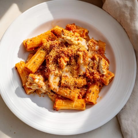 Warm, cheesy baked Chicken Parmesan Pasta, with tender chicken and a rich tomato sauce.