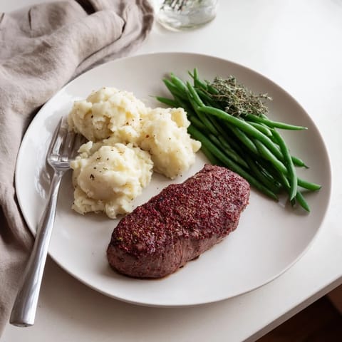 Golden roasted green beans accompany perfectly cooked steak atop fluffy garlic mashed potatoes for the Steak & Garlic Mash.