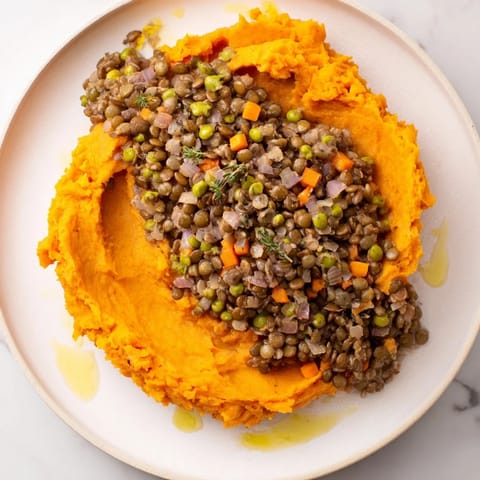 This hearty Veggie Shepherd's Pie with lentils features a creamy sweet potato topping with visible fork marks.