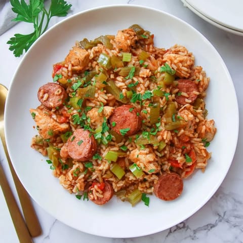 Hearty Simple Chicken and Sausage Jambalaya Bake, displaying tender chicken, sausage, and flavorful rice.