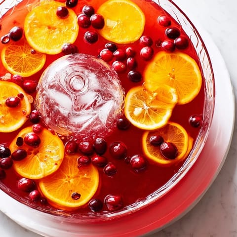 Bright red Quick Holiday Punch with Ice Ring, garnished with a vibrant ice ring perfect for entertaining guests.