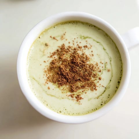 Homemade, dairy-free Cinnamon Maple Oat Milk Matcha Latte steaming in a mug, ideal for your morning.