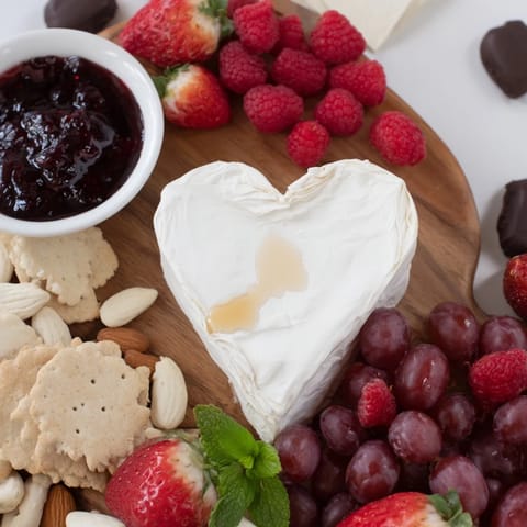 Romantic Sweetheart Brie and Jam Board appetizer showing melty Brie, vibrant berries, and decadent chocolate.