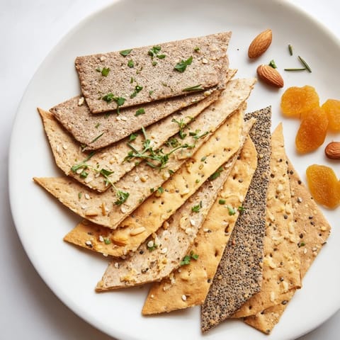 Assorted gourmet crackers, arranged in a layered fan, a delicious and easy party snack.