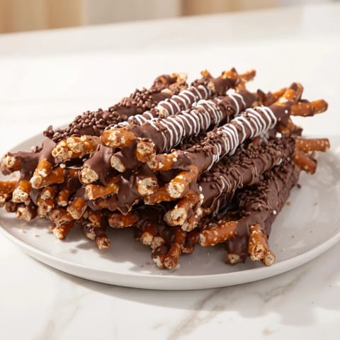Visualize a close-up of chocolate covered pretzel stick stack ready to be devoured, perfect for snacking.