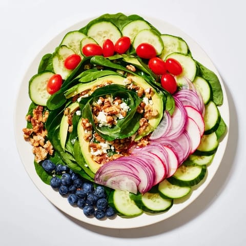 A visually appealing Fibonacci Fan Salad, showcasing a spiral of colorful vegetables and dressed perfectly.