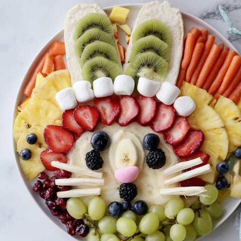 A colorful Bunny Face Fruit Salad Platter arranged lovingly with banana ears, perfect for a healthy brunch.