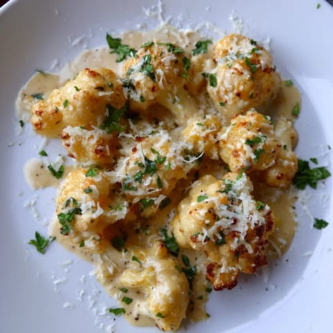 Warm, creamy Cheesy Cauliflower Mac with melted cheese and tender cauliflower florets in a baking dish.