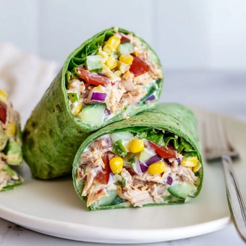 A close-up of BBQ Chicken Salad Wrap halves, revealing creamy chicken salad and vibrant, crunchy vegetables.