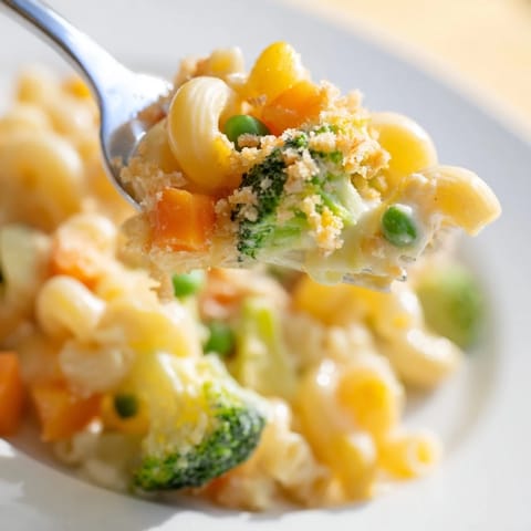 Steaming bowl of Garden Veg Mac and Cheese topped with crispy panko and fresh herbs on a rustic table.