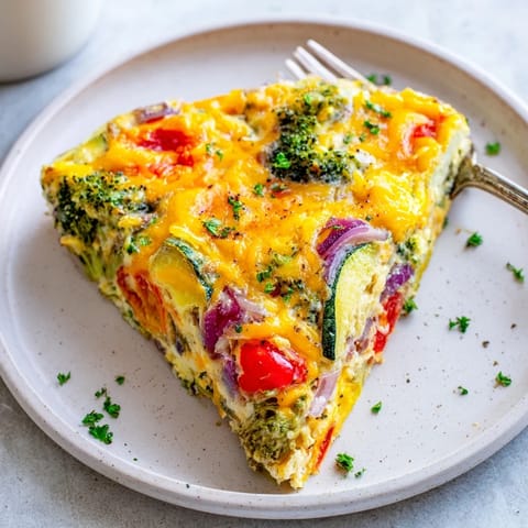 Slice of colorful vegetable frittata garnished with parsley, served on a white plate.