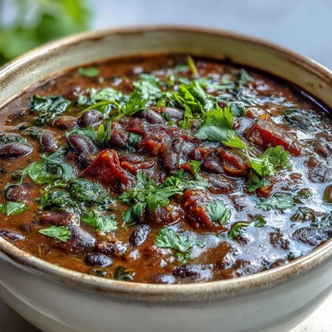 Thick and hearty Black Bean Soup served with lime wedges and tortilla chips.