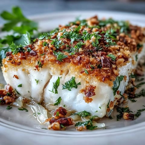Baked Halibut With Fennel, Lemon and Walnut Pangrattato served on a plate with a crisp green salad.