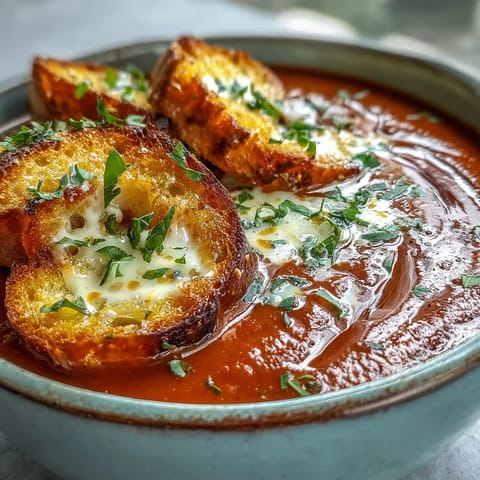 Silky roasted red pepper soup in a rustic bowl with golden, crunchy croutons for texture.
