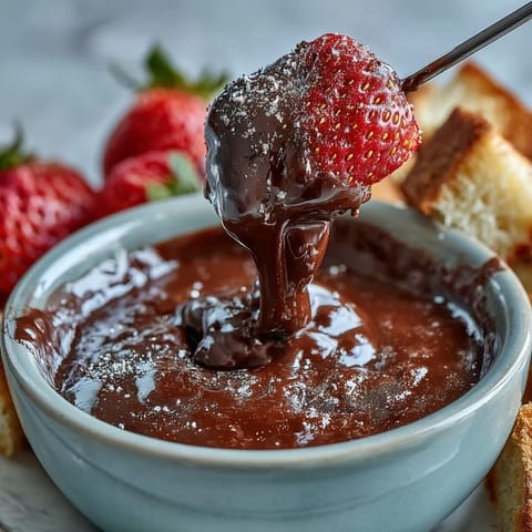 Rich Boozy Chocolate Fondue bubbling warmly in a fondue pot surrounded by fruit.