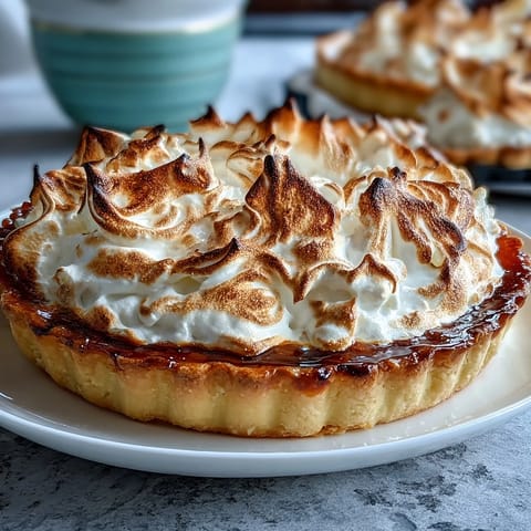 A cooling rack holds a whole Lemon Meringue Pie with fluffy meringue peaks, ready to be sliced for dessert at a family dinner.