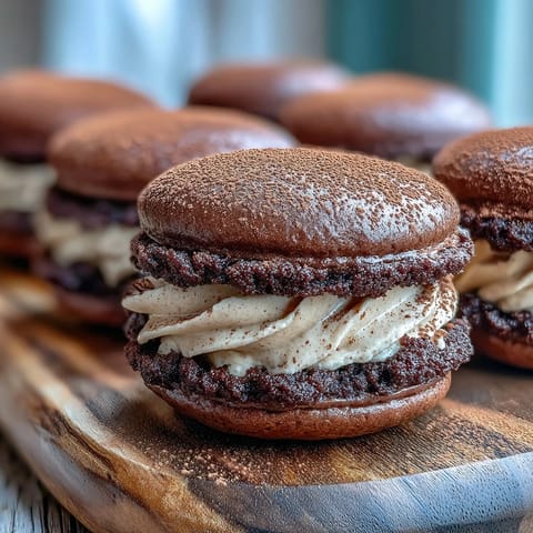 Two soft chocolate whoopie pies filled with luscious coffee mascarpone cream and dusted with cocoa powder.