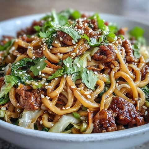 Steam rises from a bowl of potsticker noodle bowls, garnished with fresh cilantro, sesame seeds, and lime wedges.