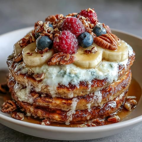 Thick Protein Pancake Bowl with fluffy oats, banana, creamy Greek yogurt, berries, and honey for a sweet, satisfying breakfast.