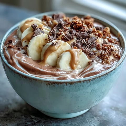 Creamy cocoa and peanut butter smoothie bowl served with sliced bananas and chopped dark chocolate for a healthy breakfast.