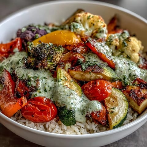 Overhead view of a freshly plated Rainbow Roasted Vegetable Bowl, featuring tender roasted vegetables and a glossy herb drizzle.
