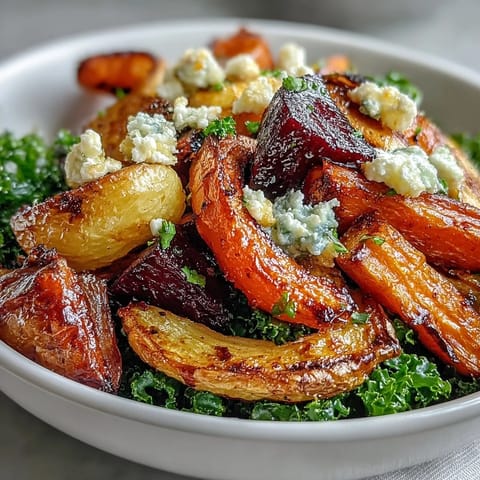 Close-up of Winter Root Vegetable Bowl with caramelized beets and sweet potatoes over kale, topped with seeds.
