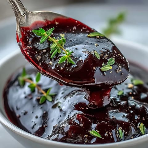 A small saucepan simmering tangy Black Currant Glaze with thyme, bubbling thick and glossy.