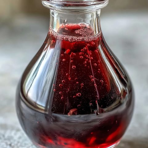 Crystal-clear Crème de Cassis being poured from a fine mesh sieve into a sterilized bottle.
