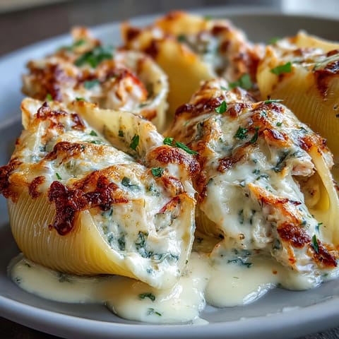 Creamy Seafood Stuffed Shells sit in a baking dish with golden, bubbling Parmesan cheese sauce and fresh herb garnish.