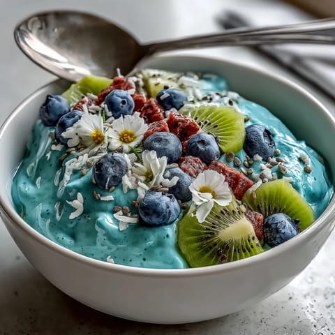 A vibrant blue Whimsical Healthy Mermaid Smoothie Bowl topped with fresh kiwi and dragon fruit for a healthy breakfast.