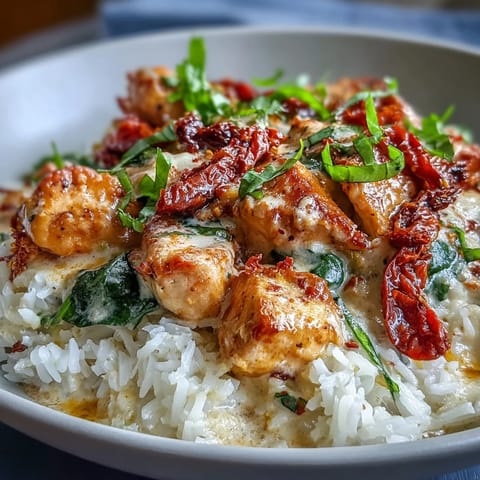 Golden seared chicken, creamy Parmesan sauce, sun-dried tomatoes, and wilted spinach all come together in this Tuscan Chicken Rice Skillet, garnished with fresh basil.